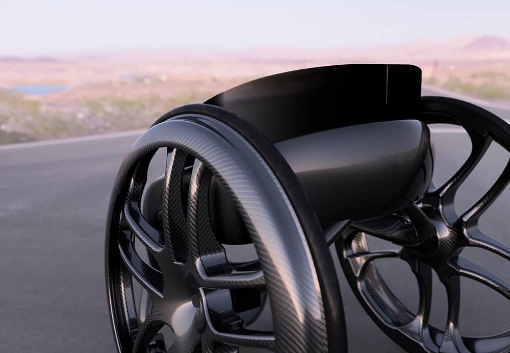 Phoenix AI ultra-lightweight carbon fibre wheelchair up close in desert