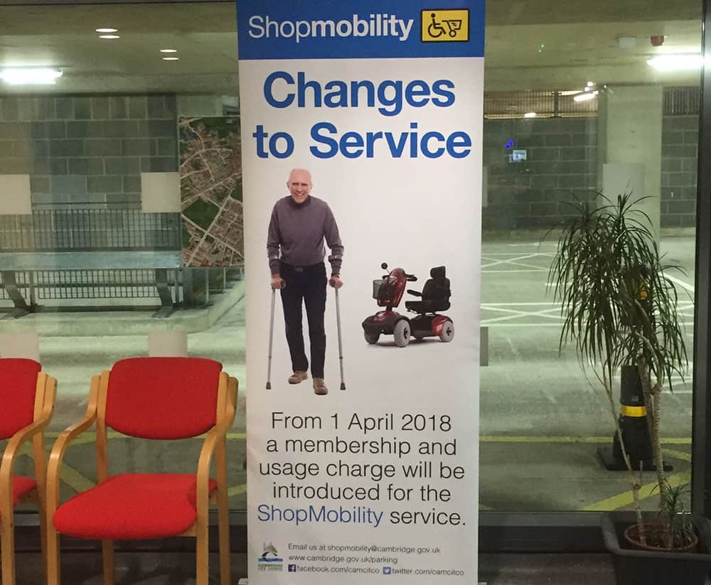 Shopmobility charges banner in Cambridge before Council changed decision in January 2019
