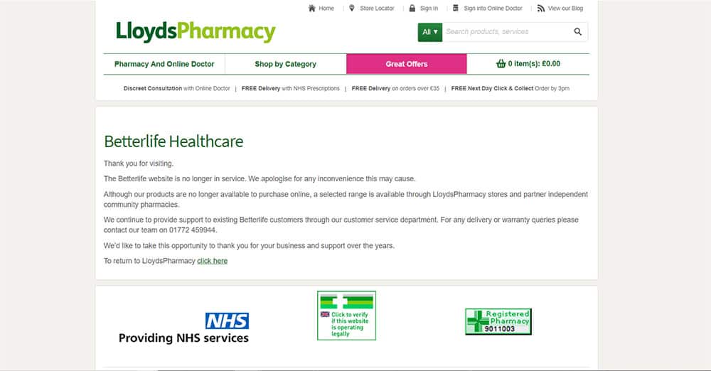 Betterlife Healthcare web page confirms the end of its eCommerce operations