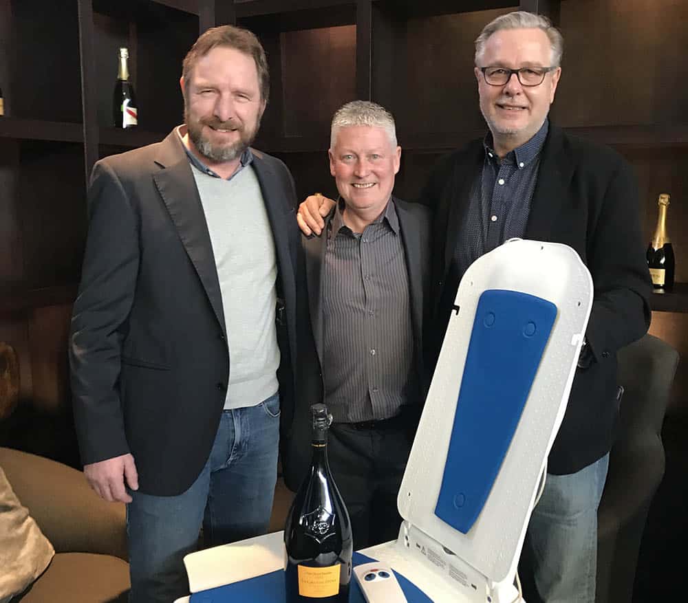 Hugh Malone with Thomas Godhoff & Johannes Wagner, joint owners from Eureha – part of the Dietz group – after signing the exclusive UK distribution agreement of the Kanjo bath lift