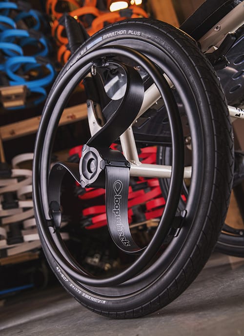 Loopwheel's carbon fibre wheelchair wheels at their manufacturing facilities in Boughton, Notts, 25 June 2019