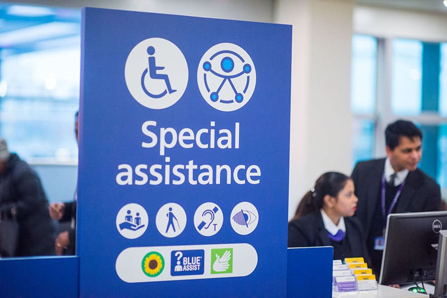 Heathrow Airport, Terminal 3, check-in hall, Special assistance desk, December 2017