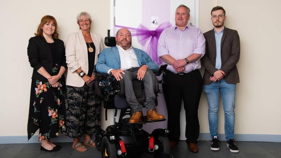 Changing Places launch at Lloyds Banking Group. Pictured from left to right: Alice Black (MDUK), Karen Hoe (MDUK), Ross Hovey (Lloyds Banking Group), Derek Oliver (Innova) & Michael Wood (Innova).