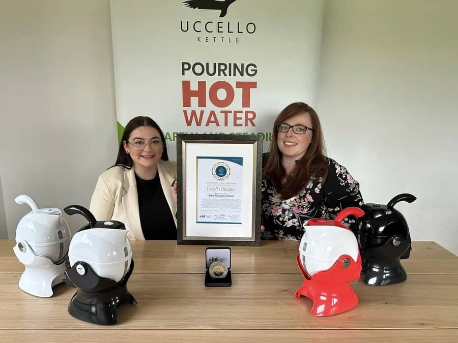 Kellie Anne Lee (Global Marketing & Sales Manager) and Denise Farrell (Office Manager) of Uccello Designs pictured as Uccello Designs were honoured with Business All-Star Global Disability Product Of The Year 2024 accreditation by the All-Ireland Business Foundation.