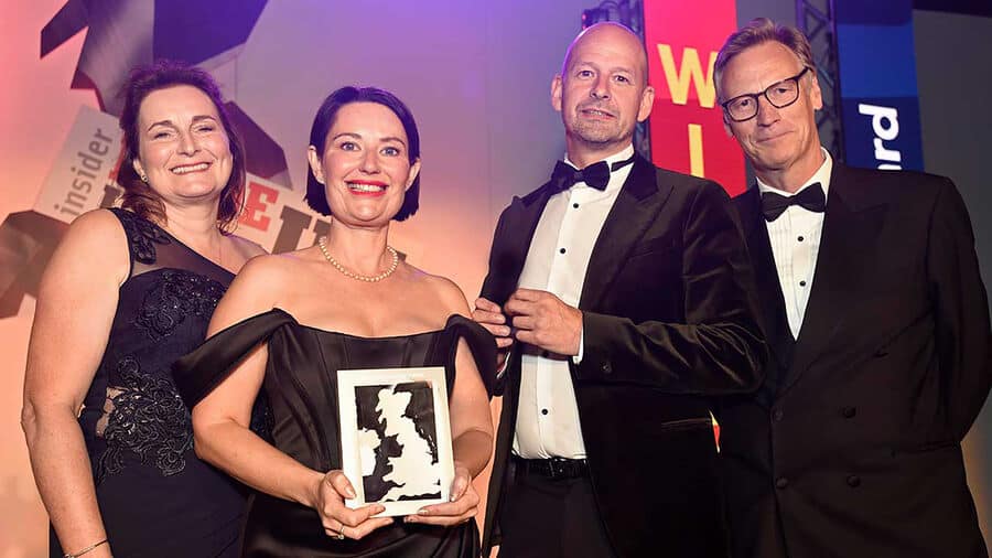 Pictured at the awards event are, from the left, Acorn team members Kate Gledhill, Sarah Carr and Nick Wilson with Insider Regional Editor Philip Cunliffe, who presented the Export Award.